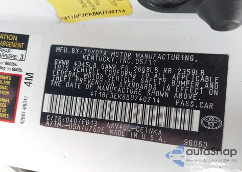 2011 Toyota Camry Le z USA, uszkodzony, nr VIN 4T1BF3EK8BU740714